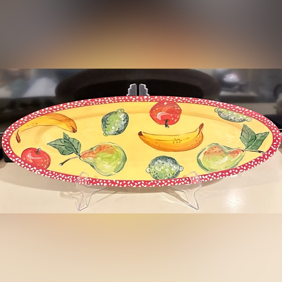 NEW DROLL DESIGNS Long Fruit Platter Tray Red Polka Dot Rim Handpainted signed